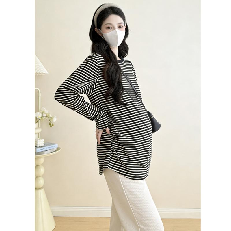 DeRong Maternity Round Neck Striped Long Sleeve T-shirt – Plus Size Slimming Trendy Design for Moms 2XL fits 72.5-82.5 kg