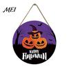 Decorative Round Hanging Sign Halloween Wall Pendant, with Pumpkin And Witch Silhouette, Wooden Retro Style Seasonal Door Ornament Sign, for
