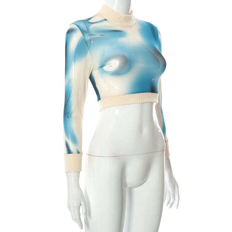 Vintage streetwear 90. léta kravatový potisk Rolák Síťovaná trička Y2K Fashion Patchwork Dlouhý rukáv Crop Tops Dámské Módní trička