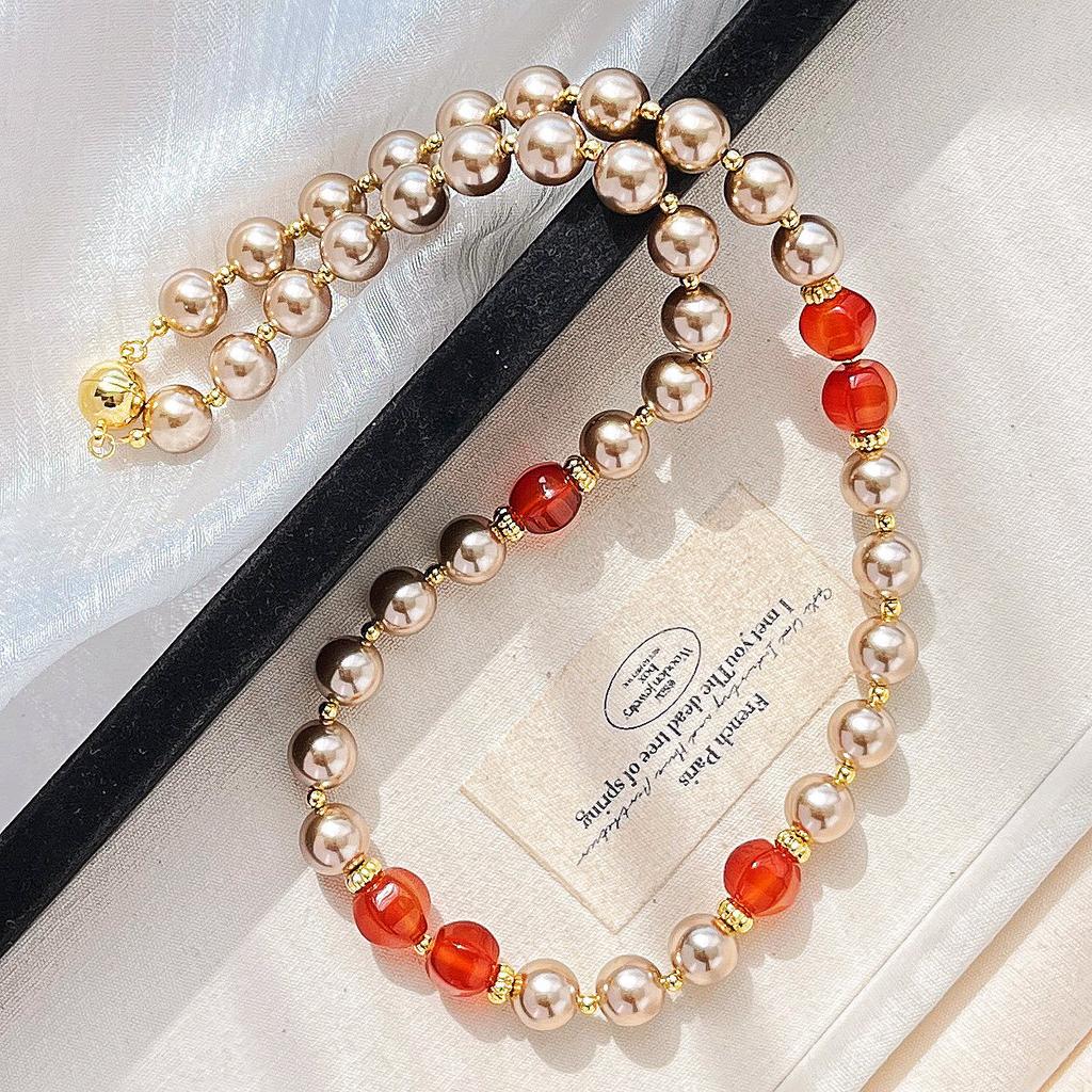 High Quality Maillard Brown Artificial Crystal Pearl Natural Agate Necklace Neck Chain Sweater Chain Women