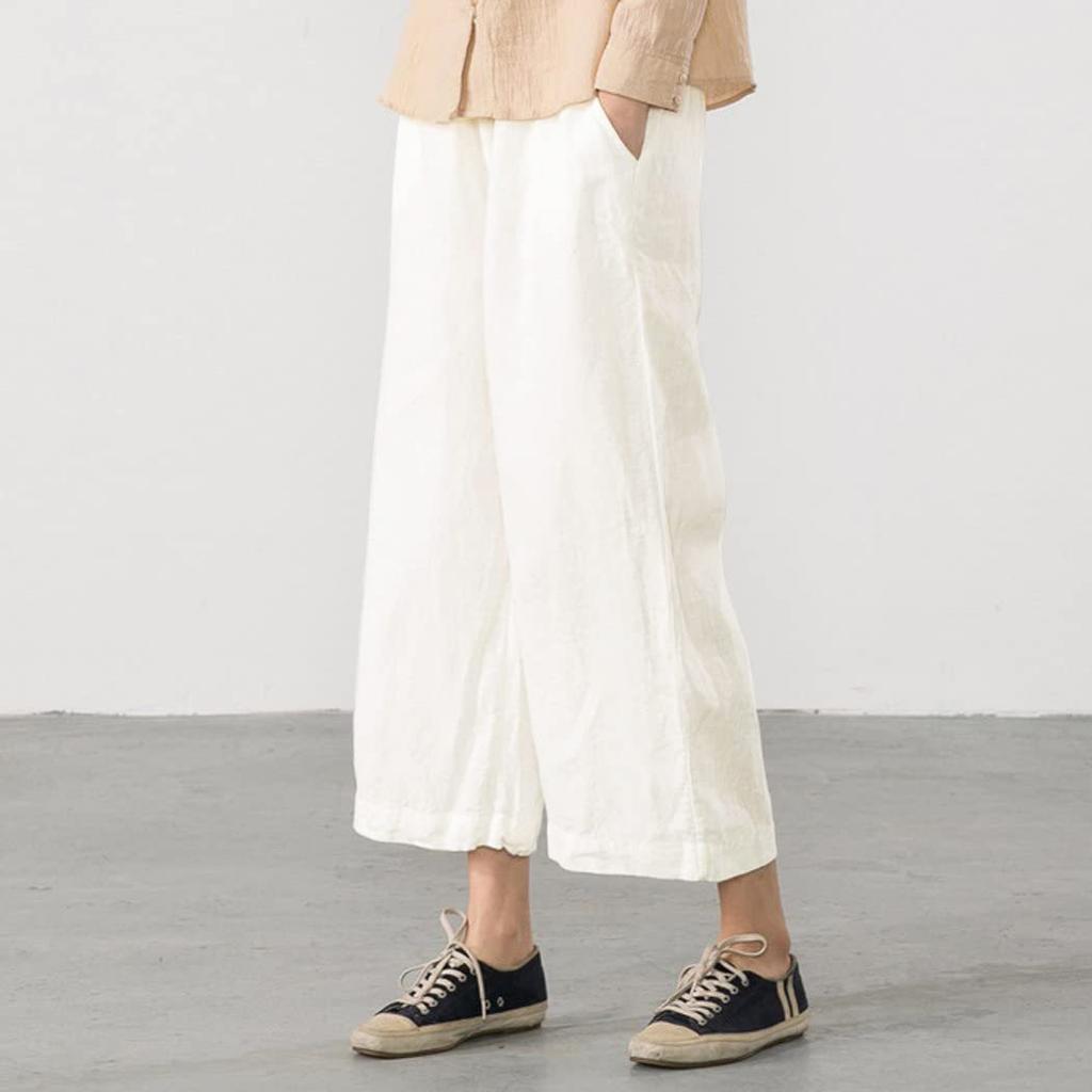 2026 New Women's Linen Cotton Wide Leg Pants, Elastic Waist Cropped Culottes for Spring Summer Casual Wear