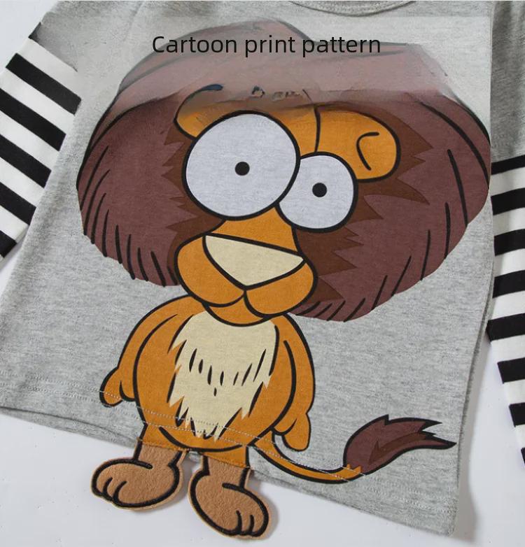Spring & Autumn 2025 Kids' 3D Cartoon T-shirt with Striped Sleeves - 100% Cotton for Boys