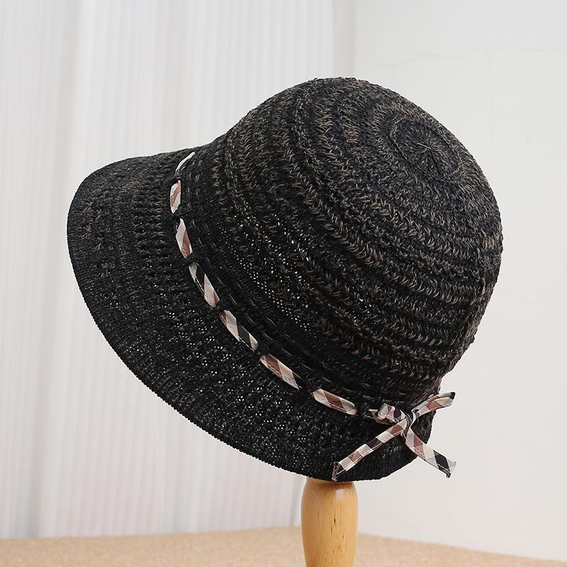 French elegant woven bucket hat women's spring and summer thin hollow breathable sunscreen visor showing face small holiday basin hat