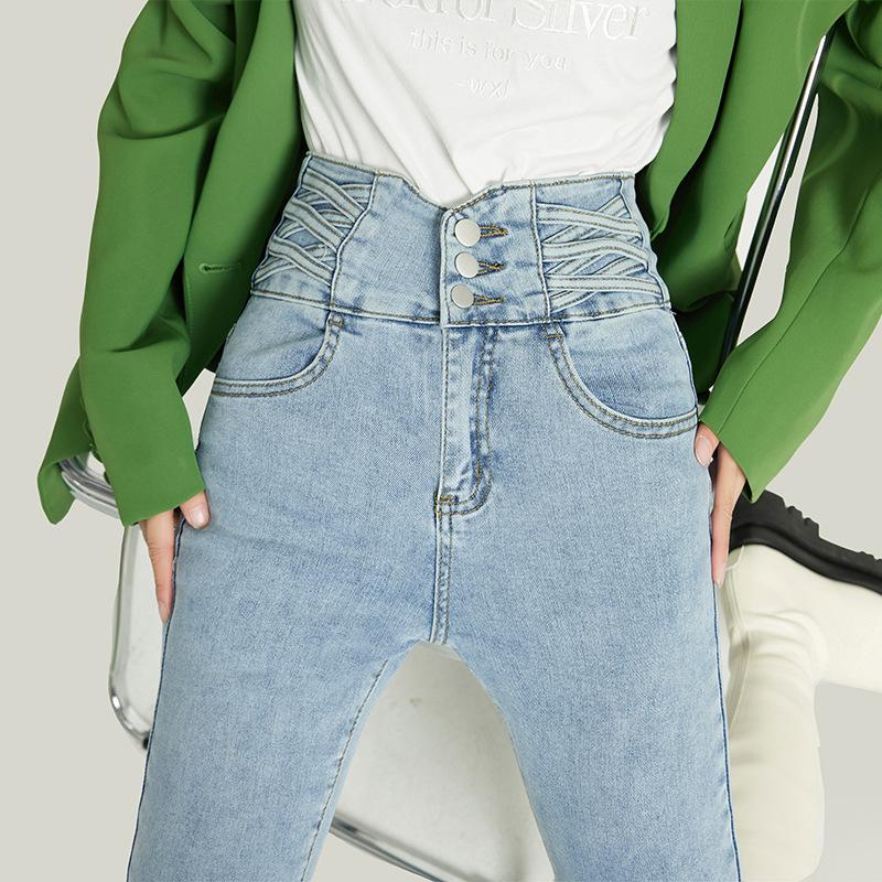 Women s Slim-Fit Blue-Grey High-Waisted Elastic Denim Pencil Pants, Button-Up, Cropped Tapered Design for Spring and Autumn 31