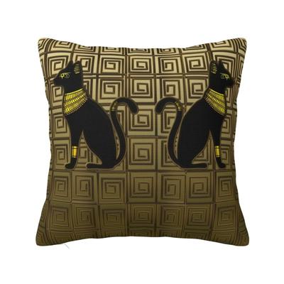 Egyptian Cat Goddess On Gold Ornament Tiles Pillow Decoration Egypt Hieroglyphic Cushion Decoration Salon Square Pillowcase