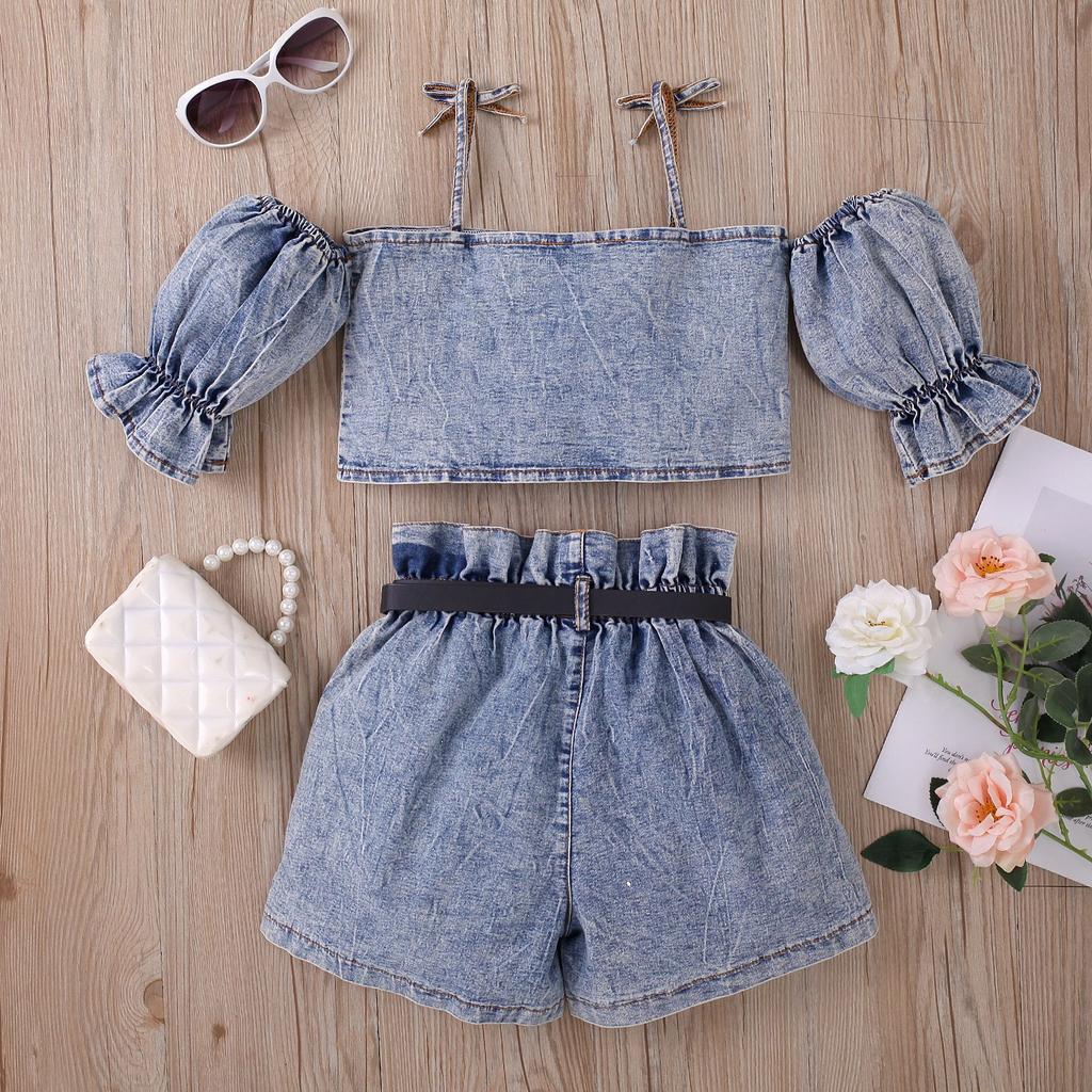 Girls' Fashion Set, Summer Children's Casual Strappy Top, High-waisted Shorts with Belt