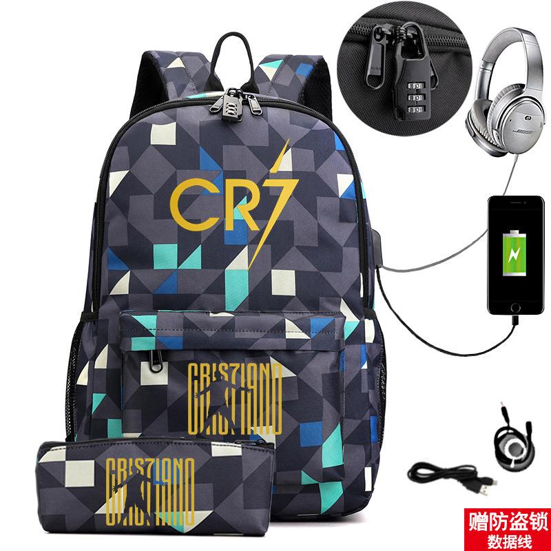 Star Peripheral Printing Cr7 Schoolbag Leisure Travel Multi-Functional Backpack Student Pencil Case Two-Piece Set
