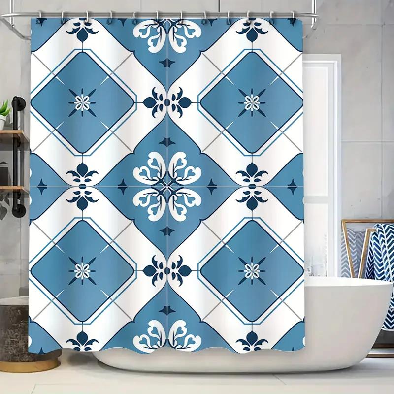 Classic Blue White Ceramic Tile Pattern Shower Curtain Decorative Bath Waterproof Fabric 180X240Cm Home Accessories