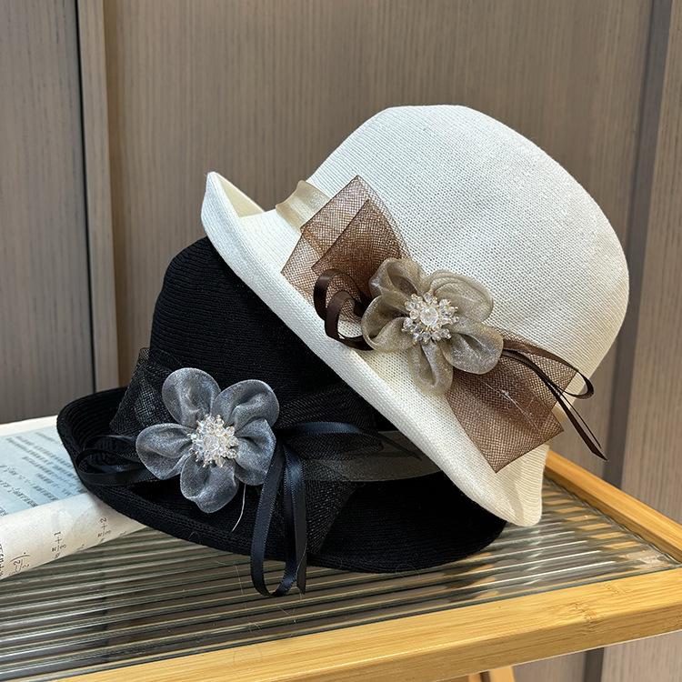 New hat women's spring and summer thin knitted sun hat middle-aged and elderly elegant crimped basin hat sunscreen mesh flower bucket hat