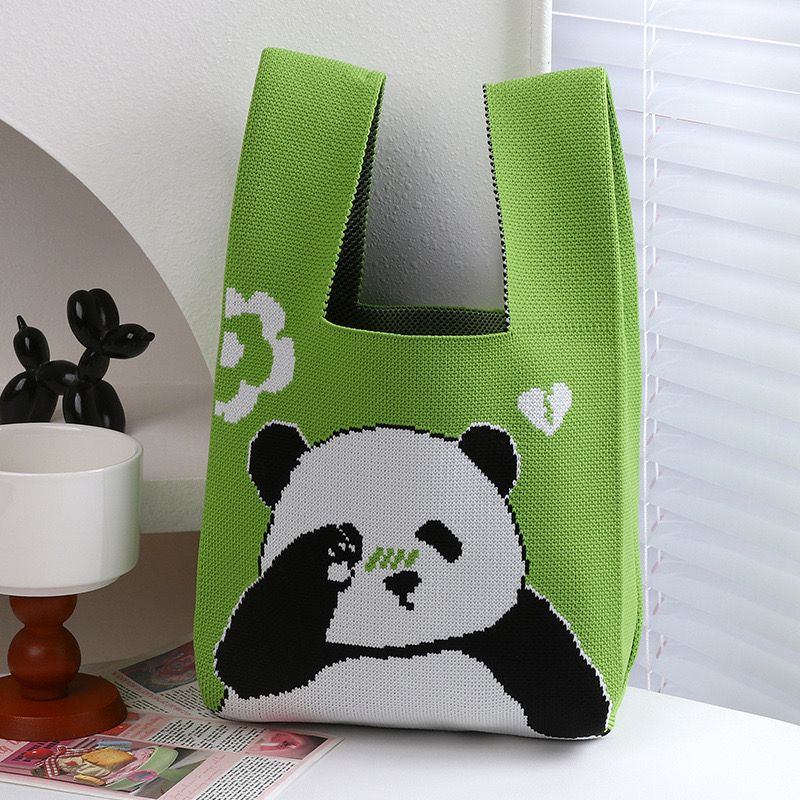 

Chengdu Panda Bag Net Red Grandpa Flower Cute Peripheral Knitted Bag Woven Hand Gift Cultural Creative Tote Bag Eye Bear/Emerald Green