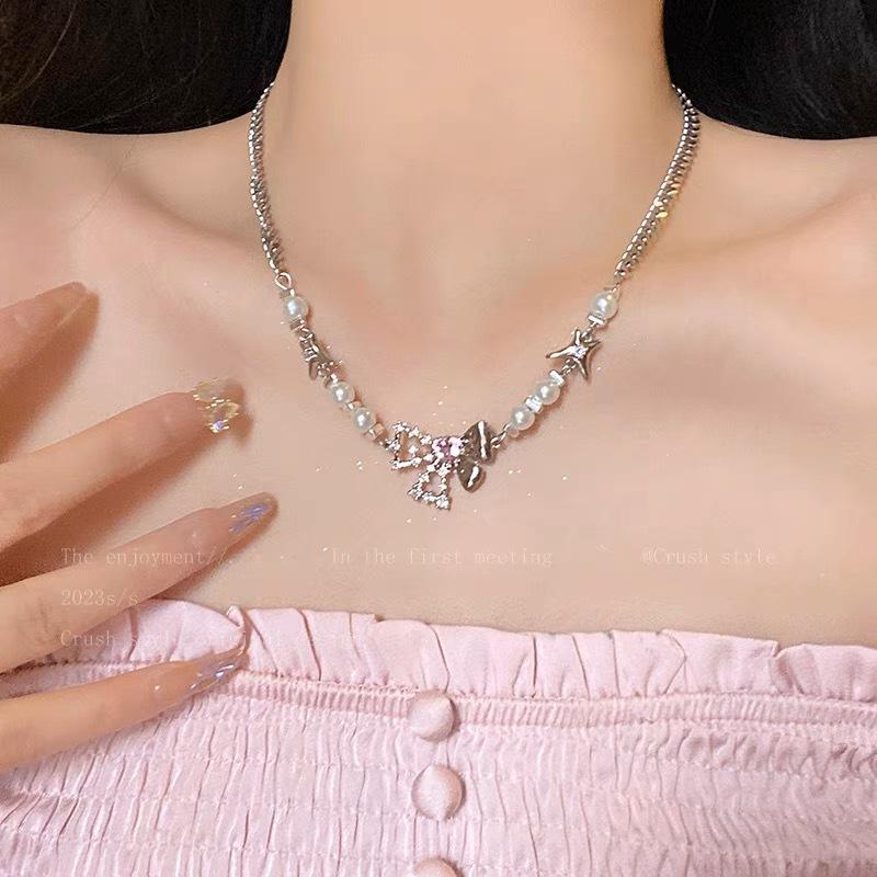 Color dopamine pearl love necklace female niche design temperament versatile bow collarbone chain beaded neck chain