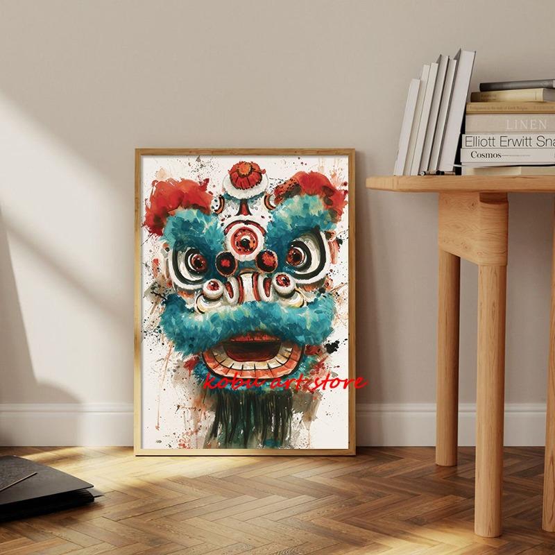Traditional Chinese Lion Dance Posters Ink Wash Style Lion Poster and Print Canvas Painting Wall Art Picture for Room Home Decor