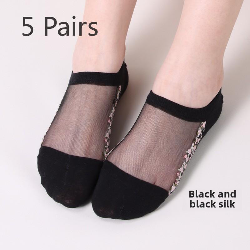 5 Pairs Spring and Summer Fashion Transparent Crystal Stockings Glass Silk Women's Boat Socks Flower Women's Socks
