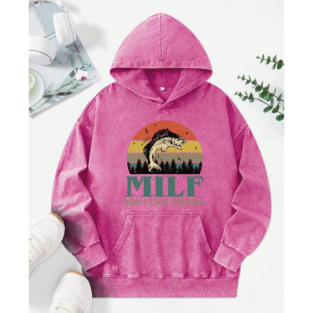 Sudadera con capucha lavada para mujer con estampado retro 'I Loving Fishing', sudaderas de algodón con capucha, bolsillo, holgada, streetwear, casual, sudadera con capucha multicolor