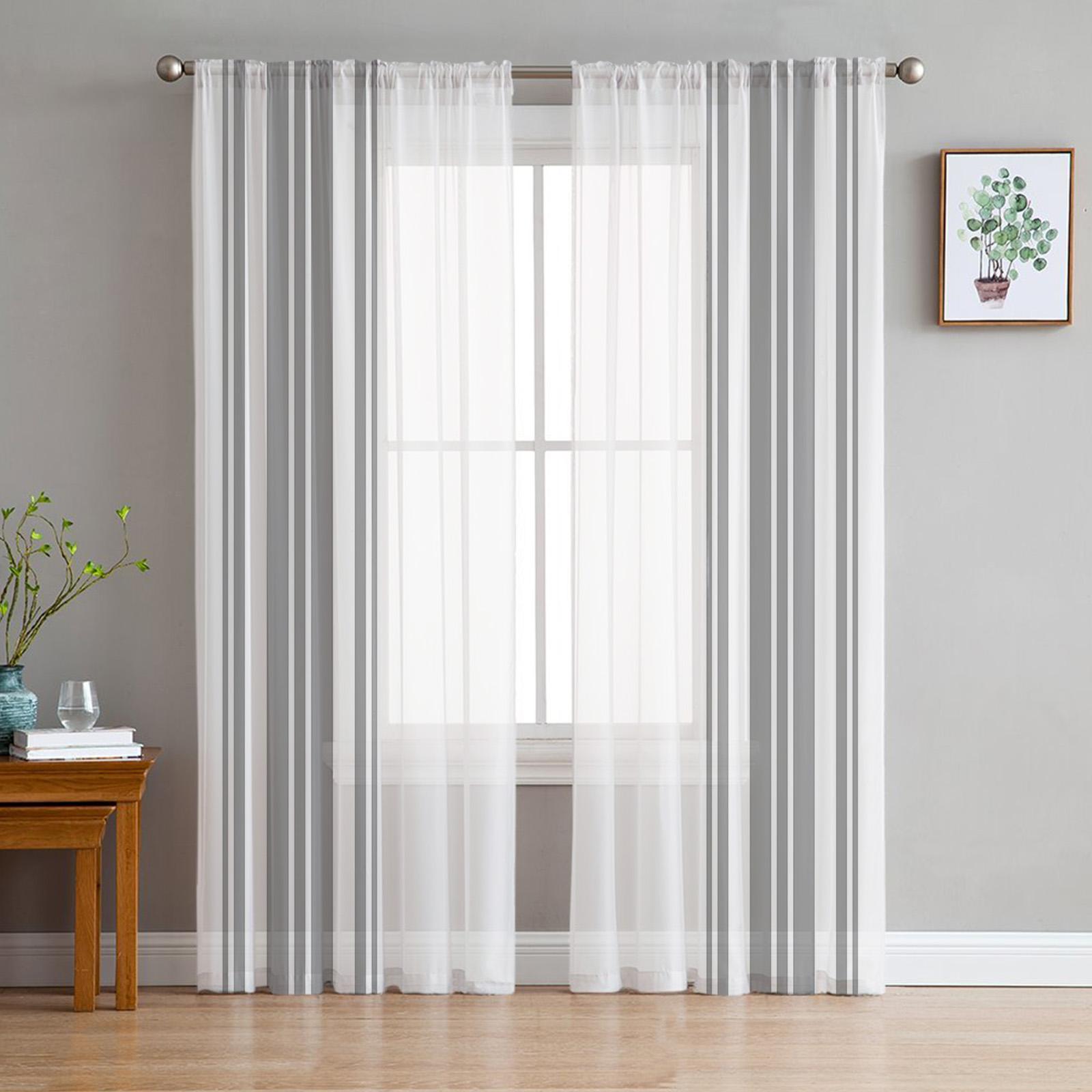 

Geometric Blue Stripe Chiffon Sheer Curtains used for Family Rm Room Area Bedroom Home Decoration Window Voiles Tulle Curtain 1 PCS W100XH250cm&Grommet Top