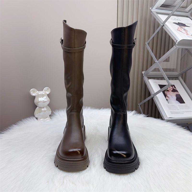 Fat sister fattened and widened thick-soled high boots female British wind side zipper velvet knight boots female elastic boots winter