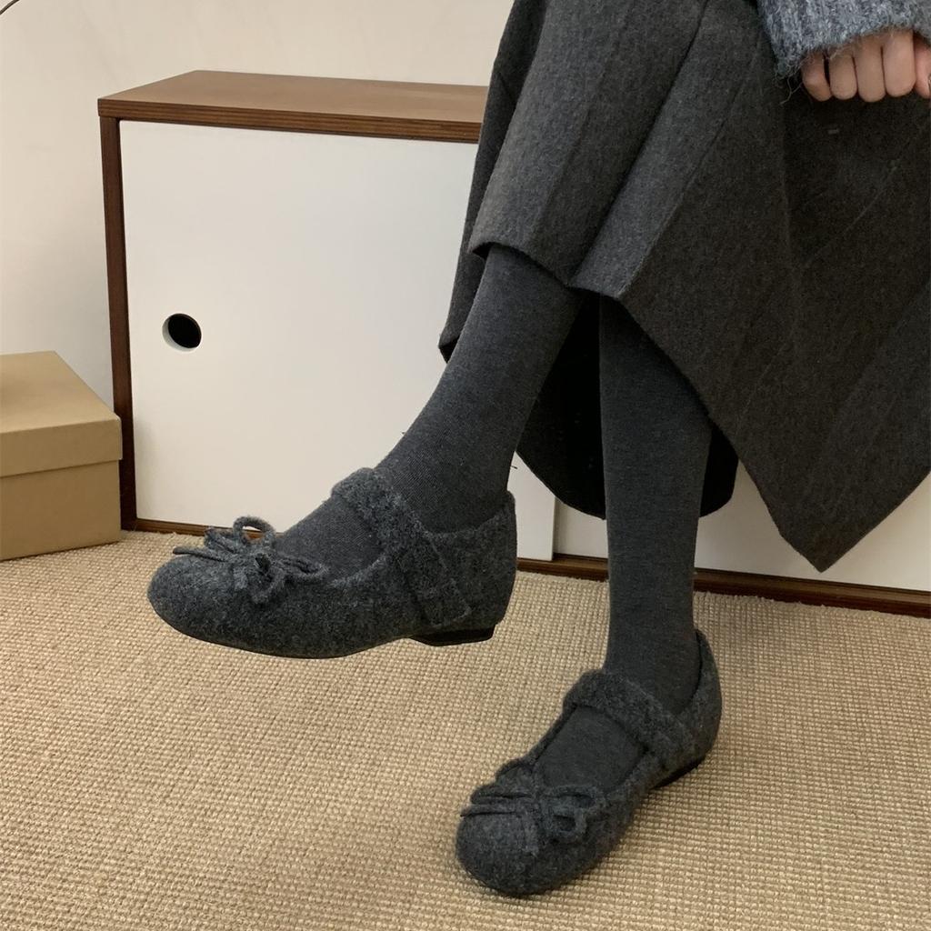 4CM Inner Height Increase~ Mary Jane Fluffy Shoes for Women In Winter, New Gray Woolen Single Shoes for Women's Thick-soled Velvet Cotton Shoes