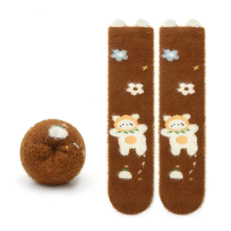 Autumn Winter Sweet Stockings Bowknot Imitation Mink Socks Winter Plush Warm Home Sleeping Socks Cartoon Cute Furry Tube Socks