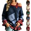 Women's One-Shoulder Plaid Patchwork Cuff and Hem Loose Fit Two-Piece Top