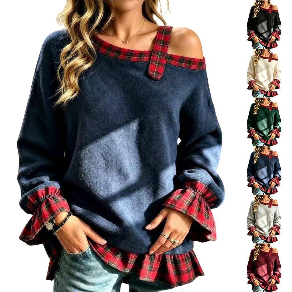 Women's One-Shoulder Plaid Patchwork Cuff and Hem Loose Fit Two-Piece Top