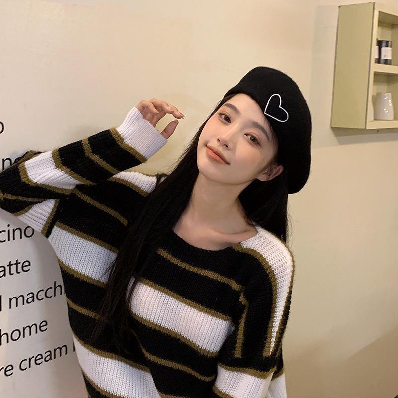 Love Embroidered Tweed Beret Hat Female Autumn And Winter Korean Version Retro Painter Hat