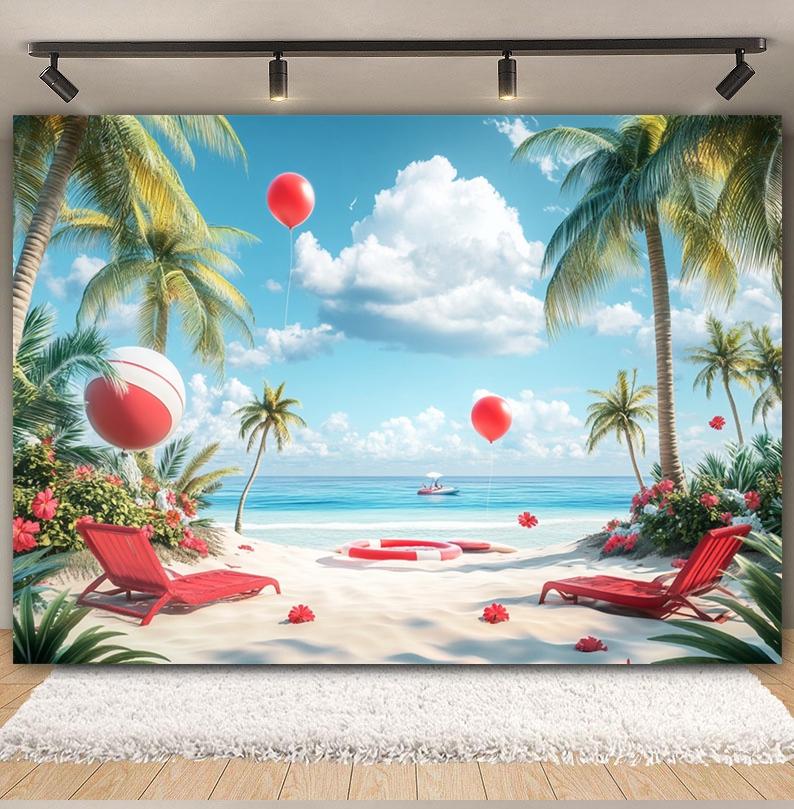 Summer Beach Backdrop Hawaii Tropical Seaside Sunshine Blue Sky Palm Tree Baby Birthday Holiday Party Photography Background