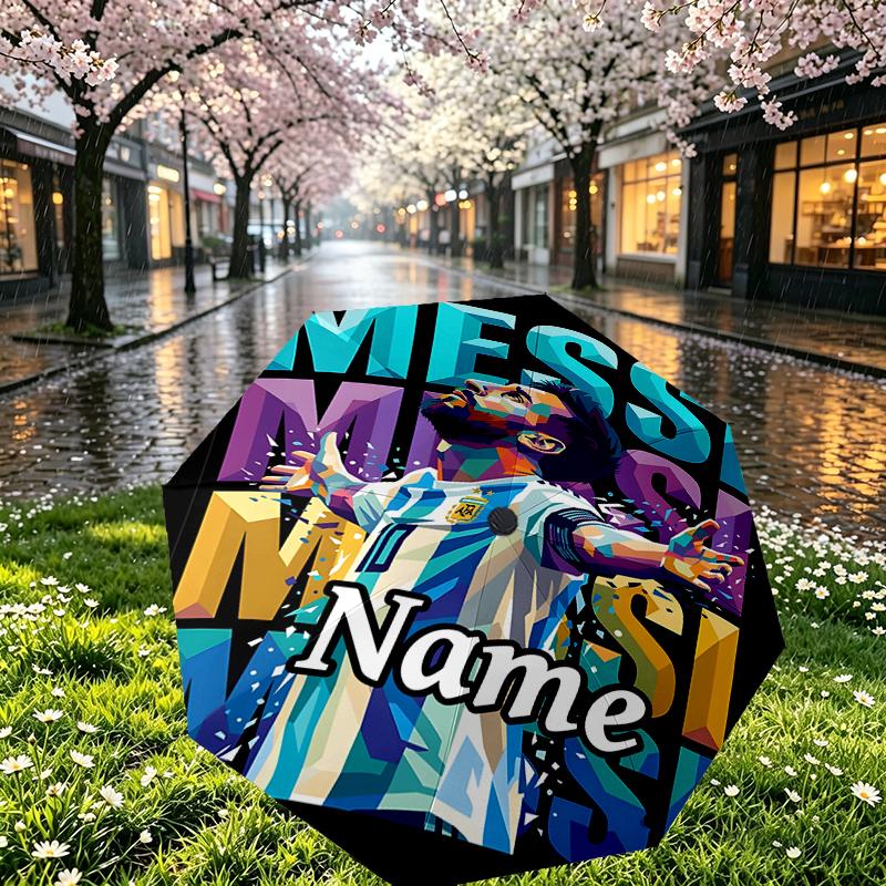 Custom Name Personalized Lionel Messi Print Umbrella, Auto Open Close, 8‑Rib Sturdy Frame, Commute Camping Hiking Use, Birthday Gift