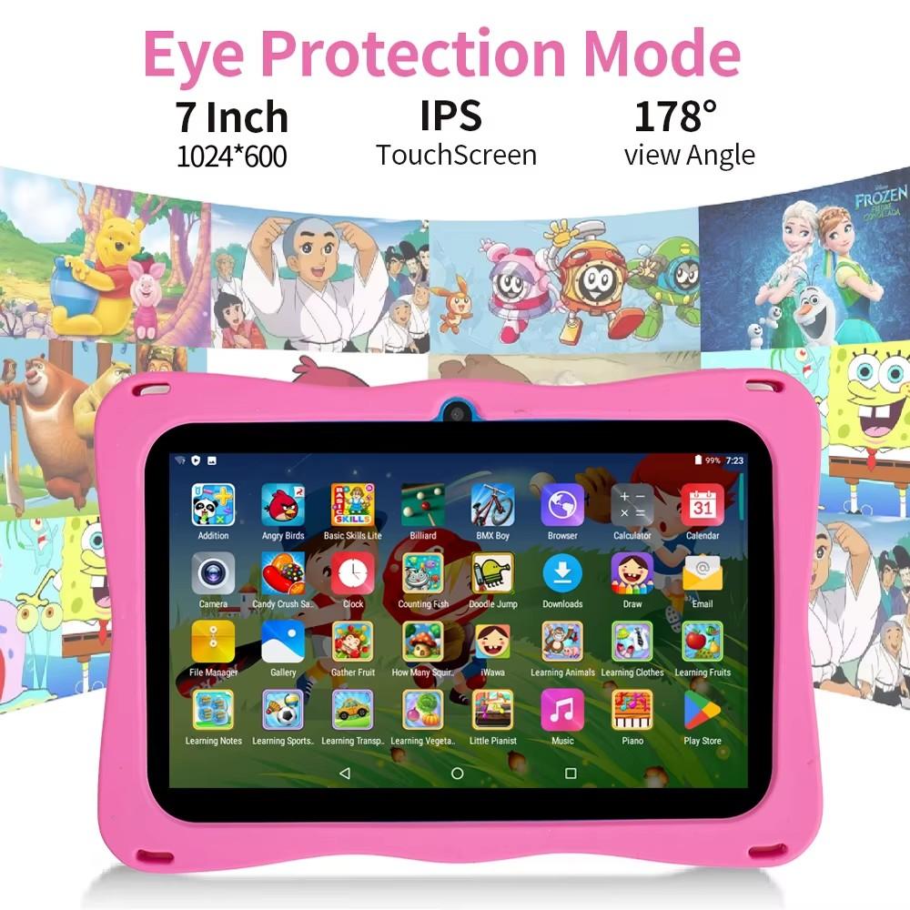 2025 New Tablet for Kids 7 Inch Android 13 System 64GB WiFi Bluetooth Dual Camera Educational Software Installed with Proof Case