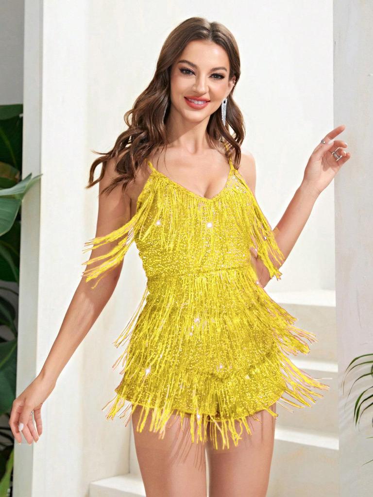 European & American Sexy Sequin Deep V Tassel Jumpsuit: Retro Party Slim Fit