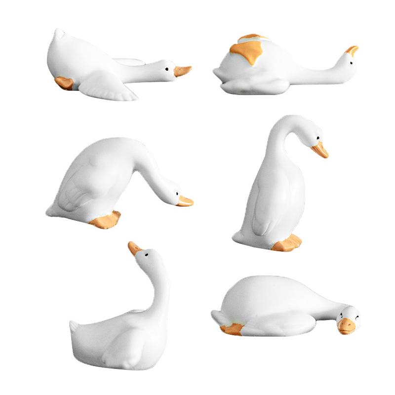 6Pcs Mini Resin White Goose Figurines Cute Cartoon Design And Vivid Colors For Desktop Decor Bonsai Micro Landscape Diy Craft