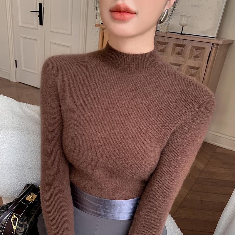Women's Seamless Half-High Neck Knit Sweater: Versatile, Tight-Fitting Base Layer for Autumn and Winter
