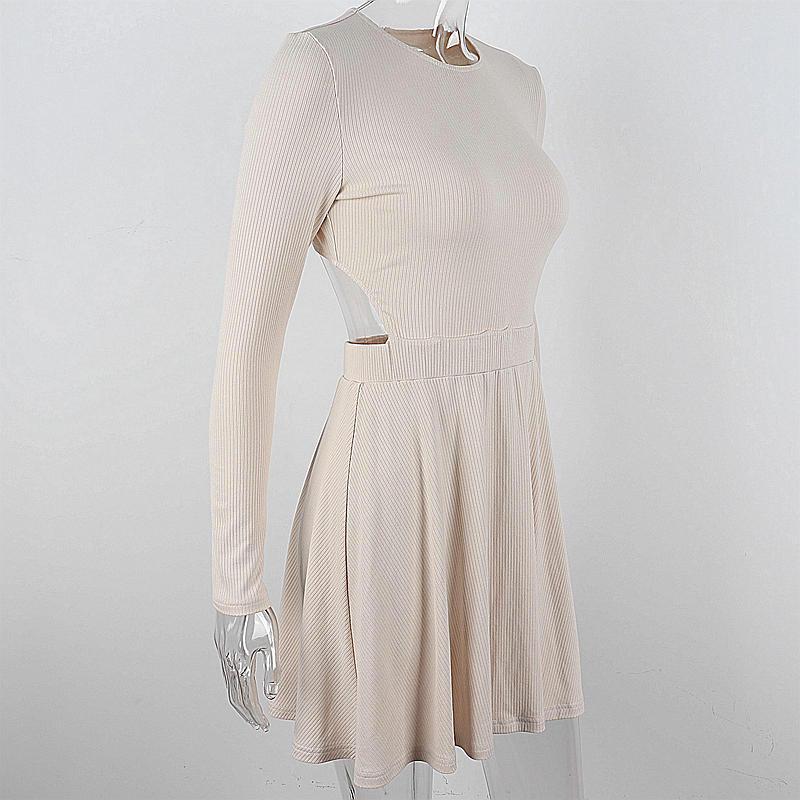 Women's Solid Long Sleeve Slim Mini Dresses Autumn New O-neck Hollow Out Pleated A-line Dress Ladies Sexy Vestidos