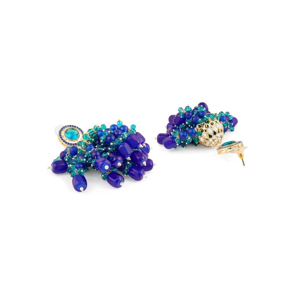 Blue Green Stones Cluster Beads Diamonds Choker Necklace & Earring Set For Women