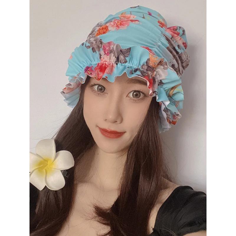 Womens Swim Cap for Long Hair Cute Korean Style Colorful Fabric Design Elegant Beach Photography Hot Spring Swimming Cap