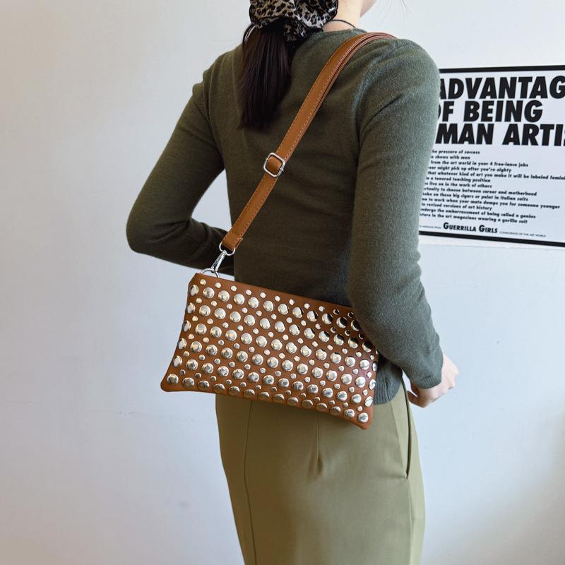 Punk Rivet Crossbody Bags for Women Soft PU Leather Shoulder Bag Luxury Studded Purses and Handbags Square Phone Flap Clutch NEW