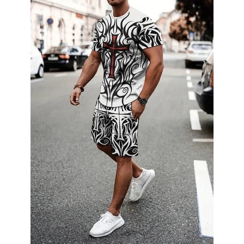 Breathable Men's Sports T-shirt Shorts Set Outdoor Quick-drying Basketball Football Short Sleeve Tee Drawstring Shorts Clothing