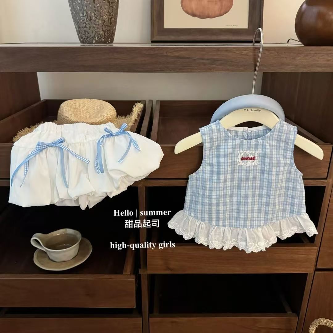 Girls Summer Plaid Vest And Shorts Set Cute Princess Two Piece Outfit For Kids 80cm