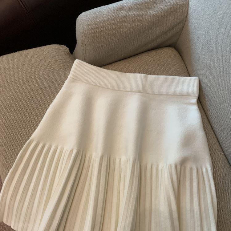 Pleated Knitted A-line Mini Skirt for Women - High Waist, Slimming, Versatile, Petite Fit for Spring & Autumn