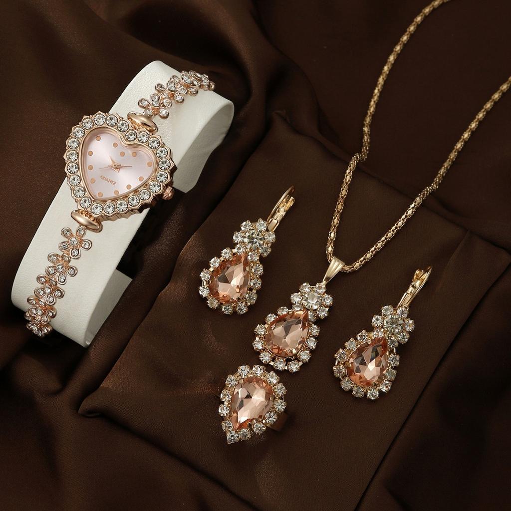 5 st/set Vardagsmode Kvarts Klocka & Hjärta Strass Smyckesset Gåvor för Kvinnor Lyxmärkesdesign Kvinnor Montre Femme Reloj