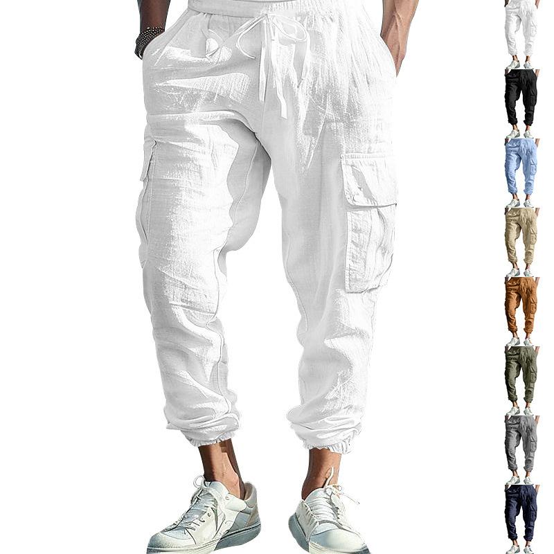 Men s Cotton Linen Casual Drawstring Multi-Pocket Tie-Dye Solid Colour Loose Large Size Drawstring Trousers S