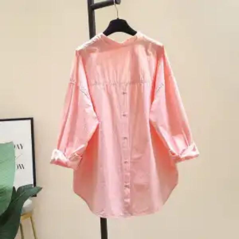 Women's Light Blue Oversized Shirt Long Sleeve Button Back Curved Hem Casual Loose Fit Top