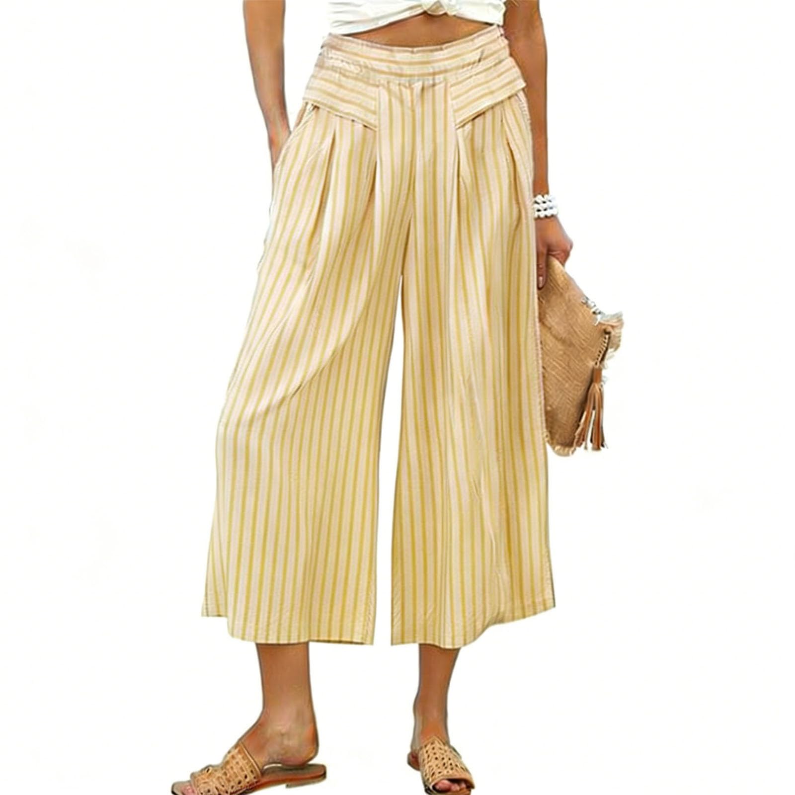 

Women s Striped Wide Leg With High Waist Casual Loose Fit Cropped Pant With Pockets XL