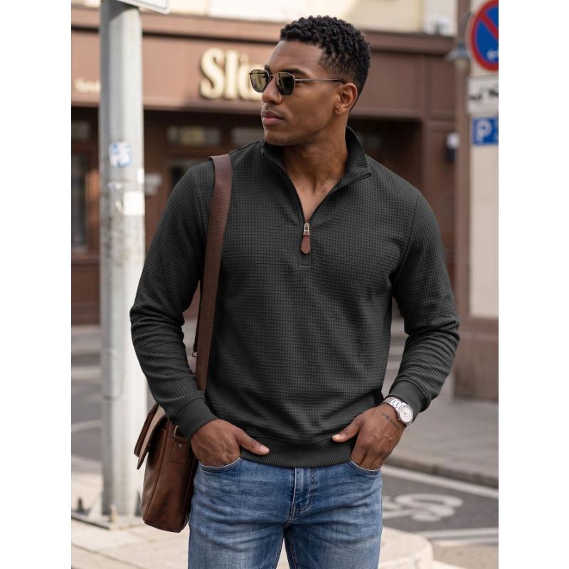 Men S American Style Waffle Knit Half Zip Stand Collar Long Sleeve Pullover Sweatshirt