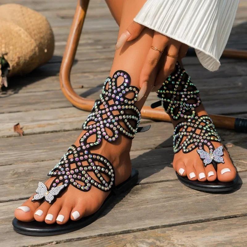 2024 Solid Color Versatile and Comfortable Rhinestone Decorated Women's Shoes Open-Toe Summer Breathable Bow Tuck Toe