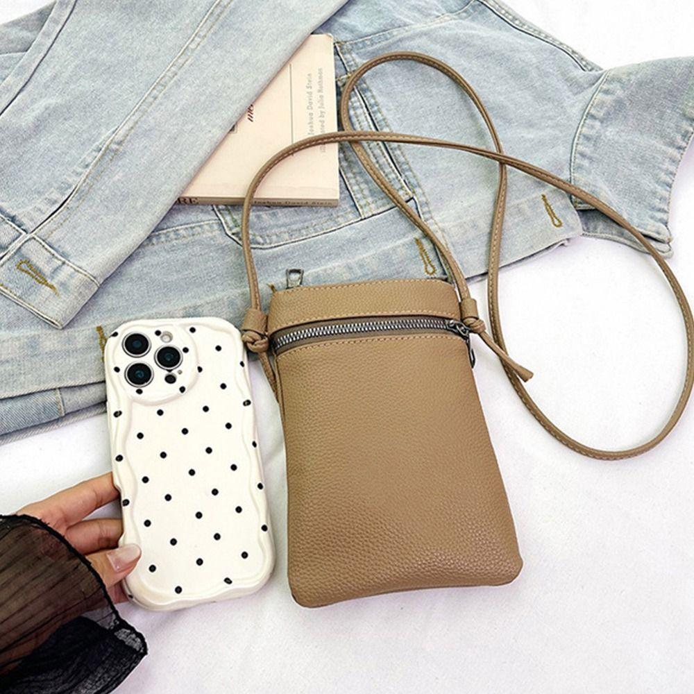 Solid Color Phone Bag PU Leather Simple Style Diagonal Cross Bag Compact Design Double-Layer Shoulder Bag Casual Outing
