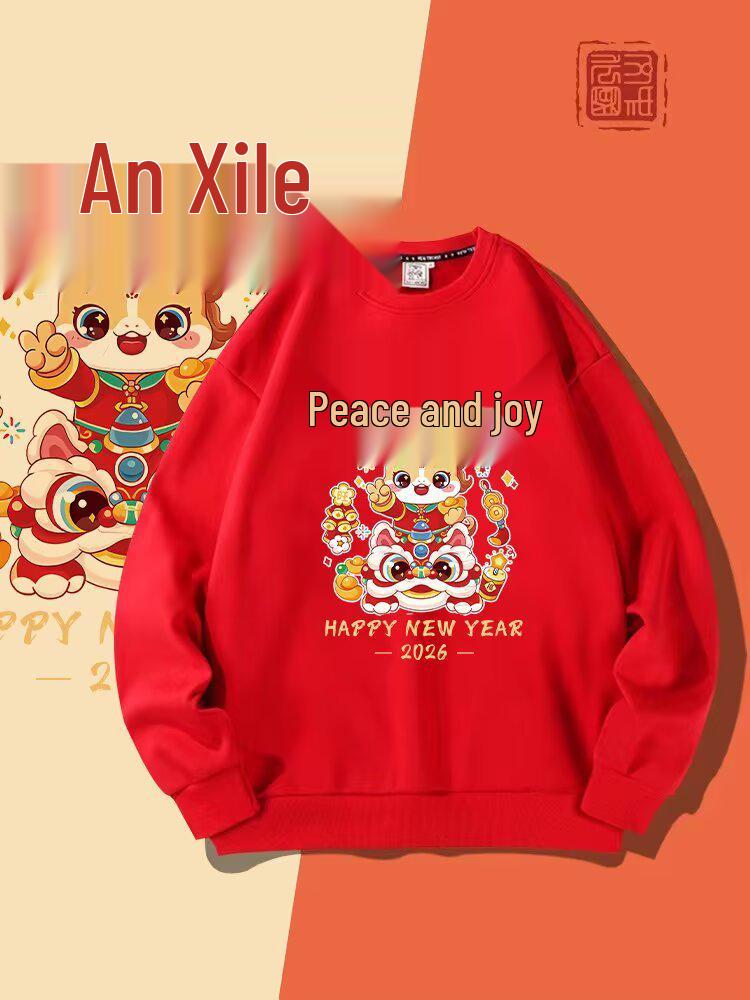 Red Chinese New Year Horse Cartoon Hoodie, Unisex Round Neck, Plus Velvet, Casual Loose Fit
