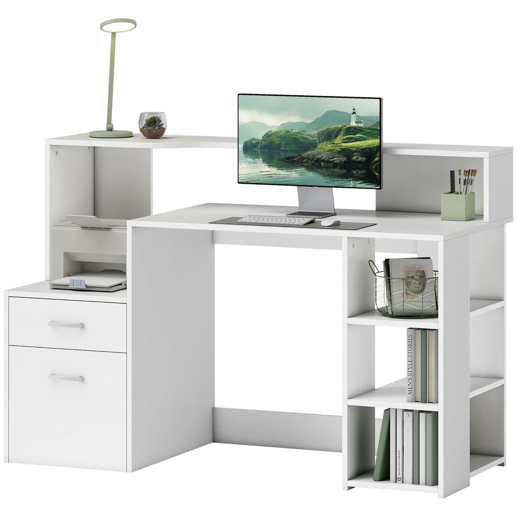 Computer desk, desk with storage, 2 drawers, open shelves and printer shelf, 137x55x92cm, white