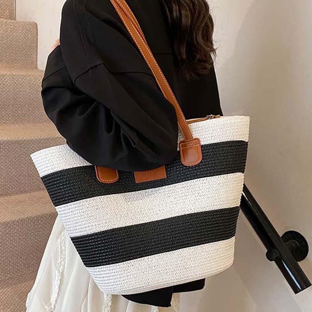 Lightweight Stripe Woven Tote Bag Polyester Summer Beach Handbag Shopping Straw Bag  School