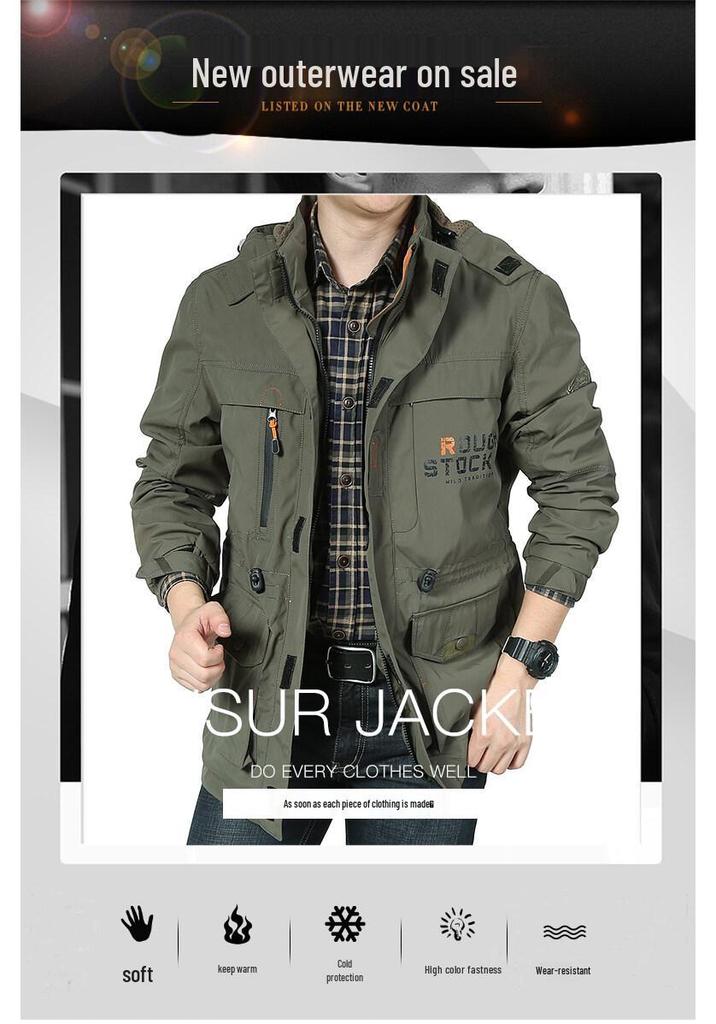 Men's Fleece-Lined Mid-Length Windbreaker with Multi-Pockets (2025 Edition)
