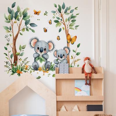 2 Pcs Cartoon Koala Butterfly Green Leaves Bedroom Living Room Home Background Beautification Decoration Wall Stickers